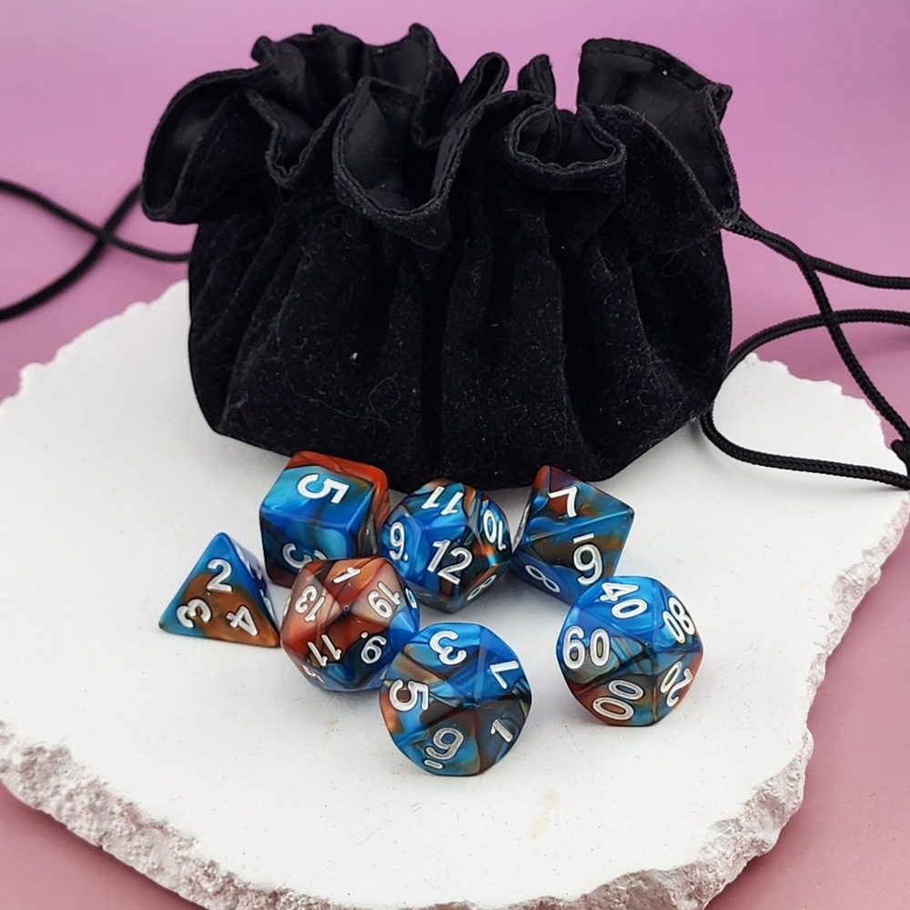 7pc Polyhedral RPG Dice Set Blue Orange Swirl D4 D6 D8 D10 D12 D20 D% Bag